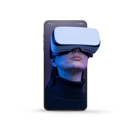 Photo for Young woman in a smartphone screen wearing a VR headset and experiencing immersive virtual reality, isolated on white background - Royalty Free Image
