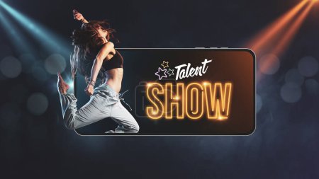 Foto de Talent show advertisement and woman dancing in a smartphone, online entertainment concept - Imagen libre de derechos