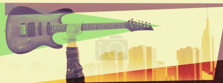 Foto de Estrella de rock levantando el brazo y mostrando su guitarra eléctrica, horizonte de la ciudad en el fondo, concierto y banner de actuación en vivo con espacio para copias - Imagen libre de derechos