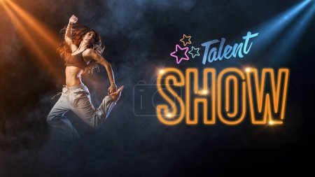 Photo for Talent show advertisement and young woman dancing, entertainment and contests concept - Royalty Free Image