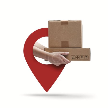 Foto de Entrega de paquetes de mensajería en un pin GPS: servicio de entrega y seguimiento de entrega exprés, espacio de copia en blanco - Imagen libre de derechos