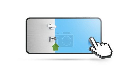 Téléchargez les photos : Porte ouverte avec clés de maison sur l'écran du smartphone et pointeur à main : application immobilière et nouveau concept de maison - en image libre de droit