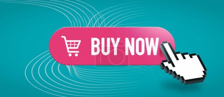 Photo for Online shopping banner with buy now button and hand pointer - Royalty Free Image