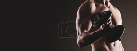 Photo for Attractive muscular man holding dumbbell and posing, sports and bodybuilding concept, banner with copy space - Royalty Free Image