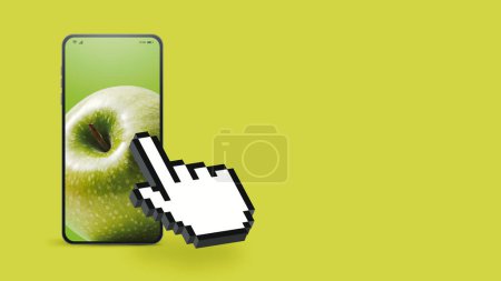 Téléchargez les photos : Curseur à la main en cliquant sur les fruits frais sur l'écran du smartphone, app épicerie en ligne - en image libre de droit