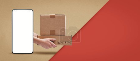 Photo for Hands holding cardboard boxes and smartphone with blank screen, express delivery service app concept - Royalty Free Image