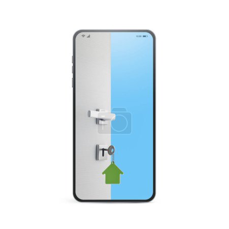 Foto de Open door with house keys on smartphone screen: real estate app and new home concept - Imagen libre de derechos