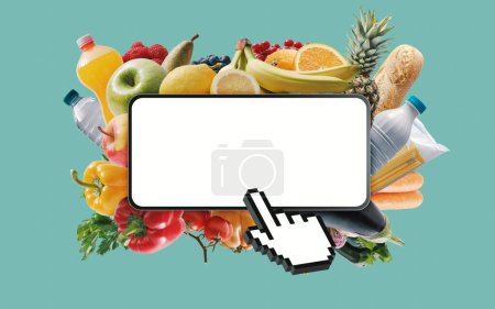 Téléchargez les photos : Online grocery shopping app: hand cursor clicking on smartphone and assorted fresh groceries - en image libre de droit