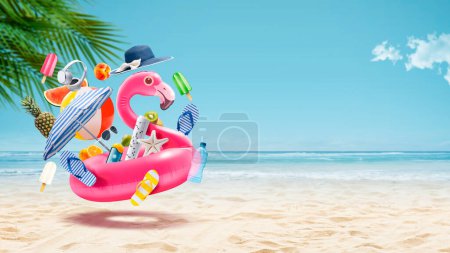 Téléchargez les photos : Happy inflatable flamingo going to the tropical beach surrounded by beach items, summer vacations concept - en image libre de droit