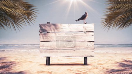 Photo for Old wooden sign and funny seagull on the beach, summer vacations concept - Royalty Free Image