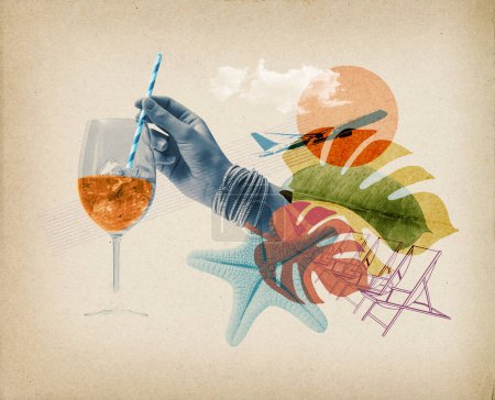 Photo for Summer vacations vintage collage art poster: woman having a cocktail and beach items - Royalty Free Image