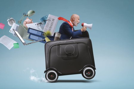Photo for Businessman with megaphone riding a briefcase with wheels and shouting - Royalty Free Image