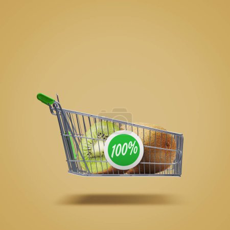 Photo for Flying shopping cart with fresh kiwis, organic fruit and grocery shopping concept, copy space - Royalty Free Image