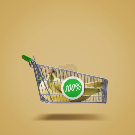 Téléchargez les photos : Flying shopping cart with fresh bananas, organic fruit and grocery shopping concept, copy space - en image libre de droit