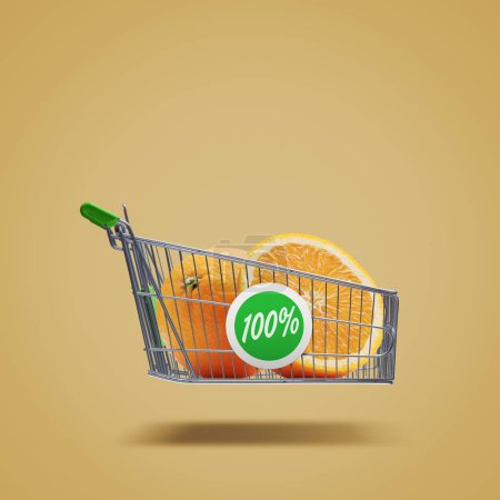 Photo for Flying shopping cart with fresh oranges, organic fruit and grocery shopping concept, copy space - Royalty Free Image