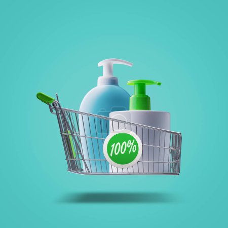 Foto de Body wash and detergent bottles in a shopping cart, body care and shopping concept - Imagen libre de derechos