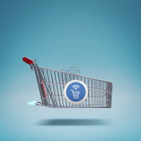 Foto de Fast rocket-propelled shopping cart, online grocery shopping and express delivery concept - Imagen libre de derechos