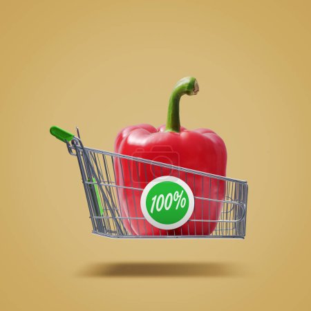 Foto de Carrito de compras volador con pimiento fresco, verduras orgánicas y concepto de compra de comestibles - Imagen libre de derechos