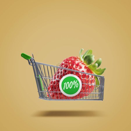 Téléchargez les photos : Flying shopping cart with big fresh strawberry, organic fruit and grocery shopping concept, copy space - en image libre de droit
