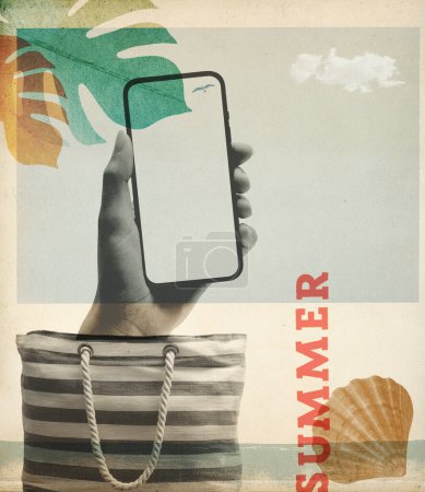Photo for Summer vacations vintage collage poster: hand holding a smartphone, beach bag, leaves and shell - Royalty Free Image