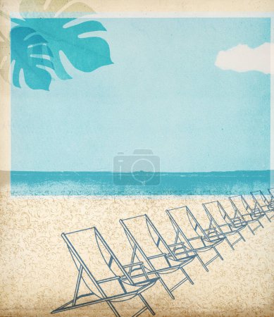 Téléchargez les photos : Affiche de vacances d'été vintage avec chaises longues sur la plage, espace de copie - en image libre de droit