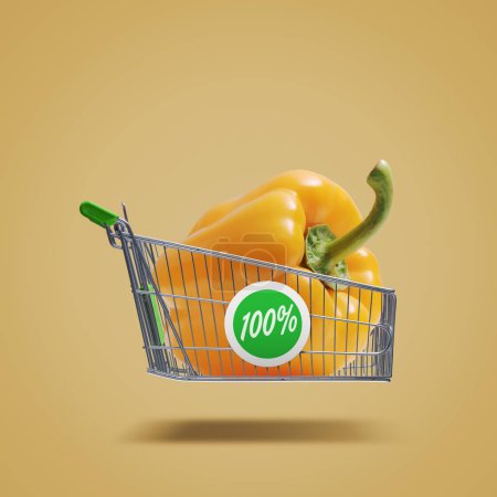 Photo for Flying shopping cart with fresh bell pepper, organic vegetables and grocery shopping concept - Royalty Free Image