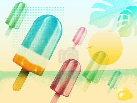 Photo for Summer time vintage poster with colorful popsicles flying in the sky and sea in the background - Royalty Free Image