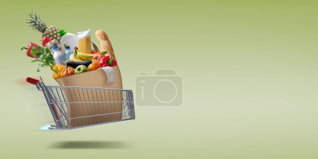 Photo for Fast rocket-propelled shopping cart flying and delivering fresh groceries, online grocery shopping and express delivery concept - Royalty Free Image