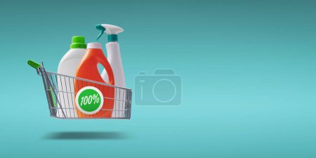 Téléchargez les photos : Detergent bottles in a flying shopping cart, household items and shopping concept - en image libre de droit