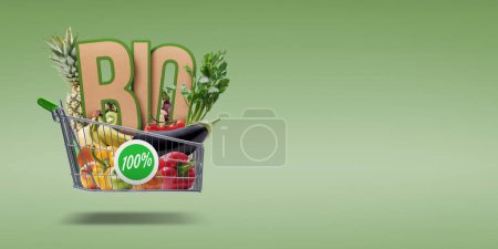 Foto de Carro volador lleno de deliciosas verduras y frutas frescas, alimentos biológicos orgánicos y concepto de compra de comestibles - Imagen libre de derechos