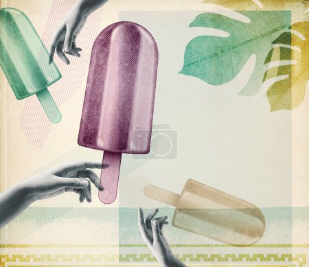 Photo for Summer vacations at the beach vintage collage: female hands, colorful popsicles and seaside - Royalty Free Image