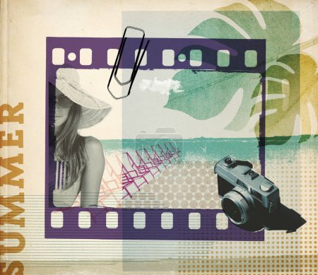 Photo for Retro summer vacations poster with film strip, woman and camera - Royalty Free Image