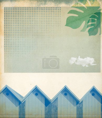 Foto de Vintage summer vacation decorative poster with beach huts, copy space - Imagen libre de derechos