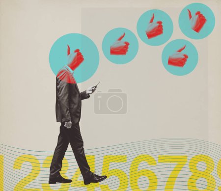 Photo for Distracted man walking and staring at social media apps on his smartphone, he has a thumbs up in place of his head, vintage style collage, copy space - Royalty Free Image