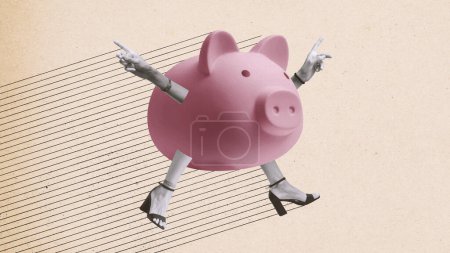 Téléchargez les photos : Funny happy piggy bank character with human arms and legs: investments and savings concept, vintage style collage - en image libre de droit