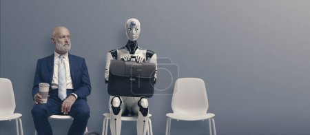 Foto de Man and AI robot waiting for a job interview: AI vs human competition - Imagen libre de derechos