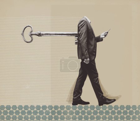 Photo for Headless businessman holding a smartphone with wind-up key in his back: smartphone addiction and automation concept - Royalty Free Image