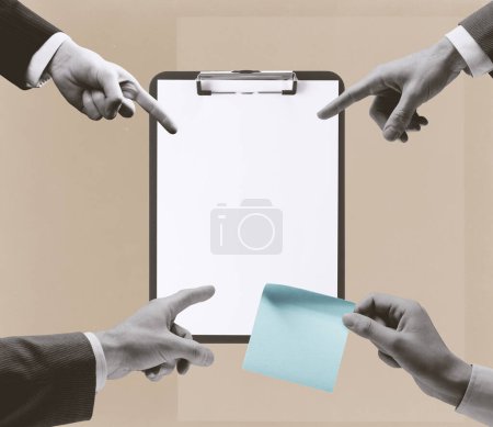 Téléchargez les photos : Corporate business people working together and pointing at a blank clipboard, a woman is holding a sticky note, collaboration and teamwork concept - en image libre de droit