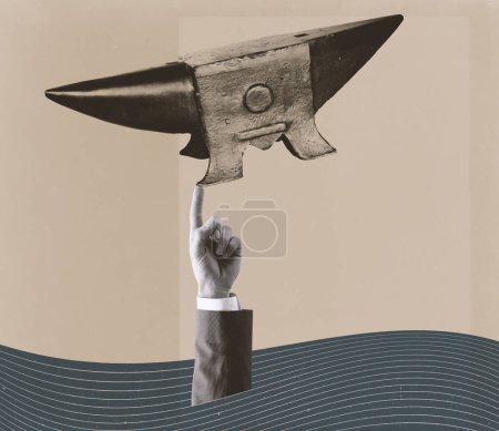 Foto de Mano de hombre de negocios emergiendo de las olas del océano y equilibrando un yunque en la punta de su dedo, cartel de collage vintage - Imagen libre de derechos