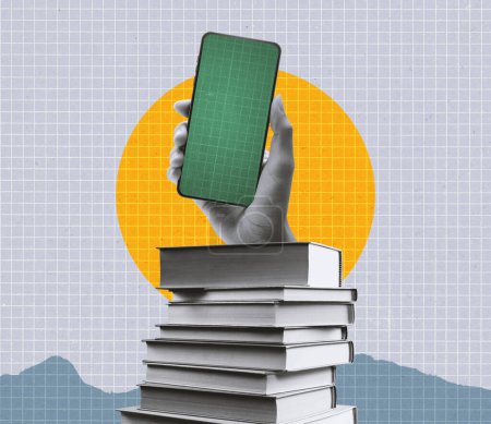 Foto de Education and school conceptual composition: hand holding a smartphone and standing on a pile of books - Imagen libre de derechos