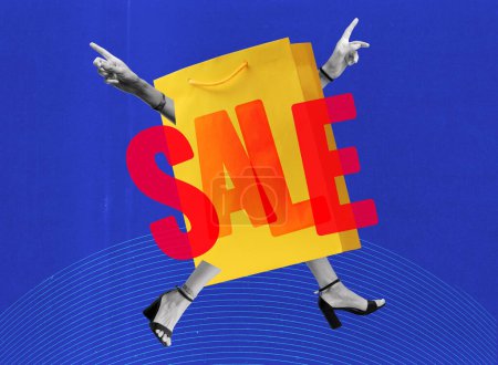 Photo for Funny surrealistic vintage style collage: happy shopping bag character, sale and shopping concept - Royalty Free Image