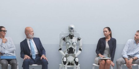 Foto de Los solicitantes de empleo decepcionados sentados en la sala de espera y mirando al candidato robot AI, están esperando la entrevista de trabajo - Imagen libre de derechos