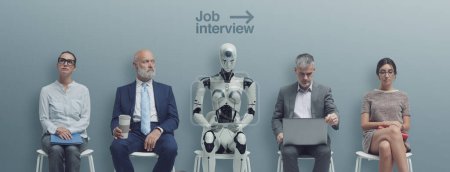 Téléchargez les photos : Homme d'affaires et robot humanoïde IA assis et attendant un entretien d'embauche : IA vs compétition humaine - en image libre de droit