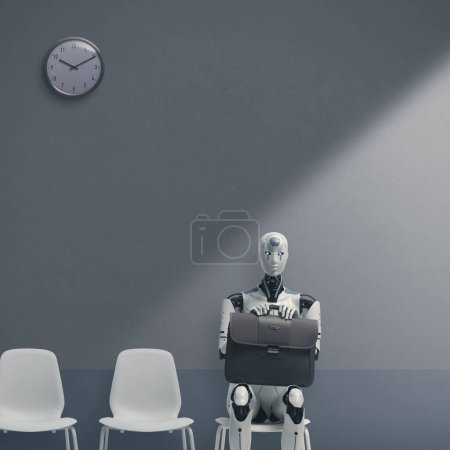 Foto de Robot androide futurista sentado en una silla y esperando una entrevista de trabajo, IA y concepto de innovación - Imagen libre de derechos
