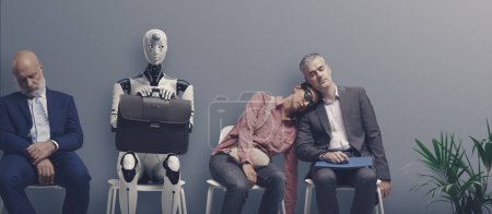 Téléchargez les photos : Fatigué demandeurs épuisés et robot IA androïde en attente de l'entrevue d'emploi - en image libre de droit