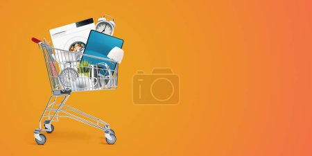 Photo for Shopping cart full of household goods, appliances and electronics: sales and retail concept - Royalty Free Image