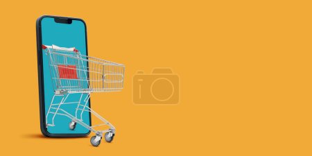 Téléchargez les photos : Panier sortant d'un écran de smartphone : application d'achat en ligne - en image libre de droit