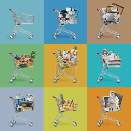 Téléchargez les photos : Collage de chariots remplis de différents types de produits, vente et concept de vente au détail - en image libre de droit