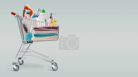 Photo for Shopping cart full of household products and accessories: shopping, sale and retail concept - Royalty Free Image