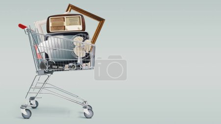 Foto de Carrito lleno de viejos electrodomésticos y decoraciones vintage: compras, venta y concepto de venta al por menor - Imagen libre de derechos